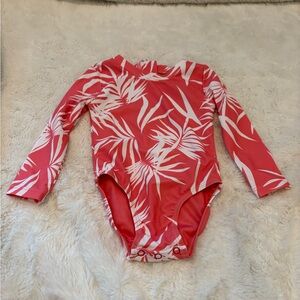 F4A Long Sleeve Rash Guard Swimsuit - Coral Pink Leaf Print
